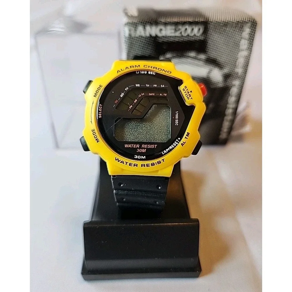 New Range2000 Digital Wristwatch Black & Yellow Water Resistant Laps New in Box
